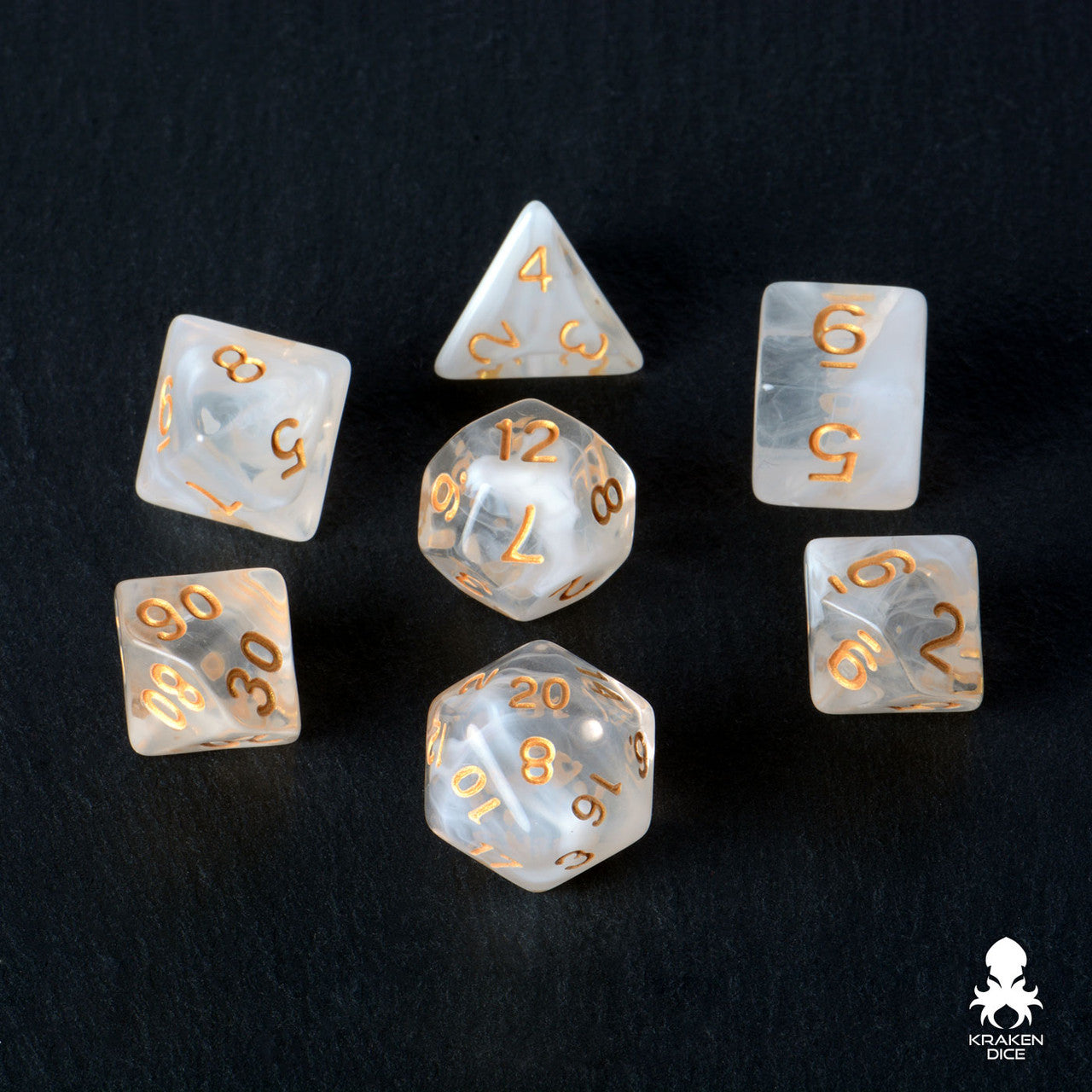 Morning Fog Translucent Dice With White Swirls and Gold Ink